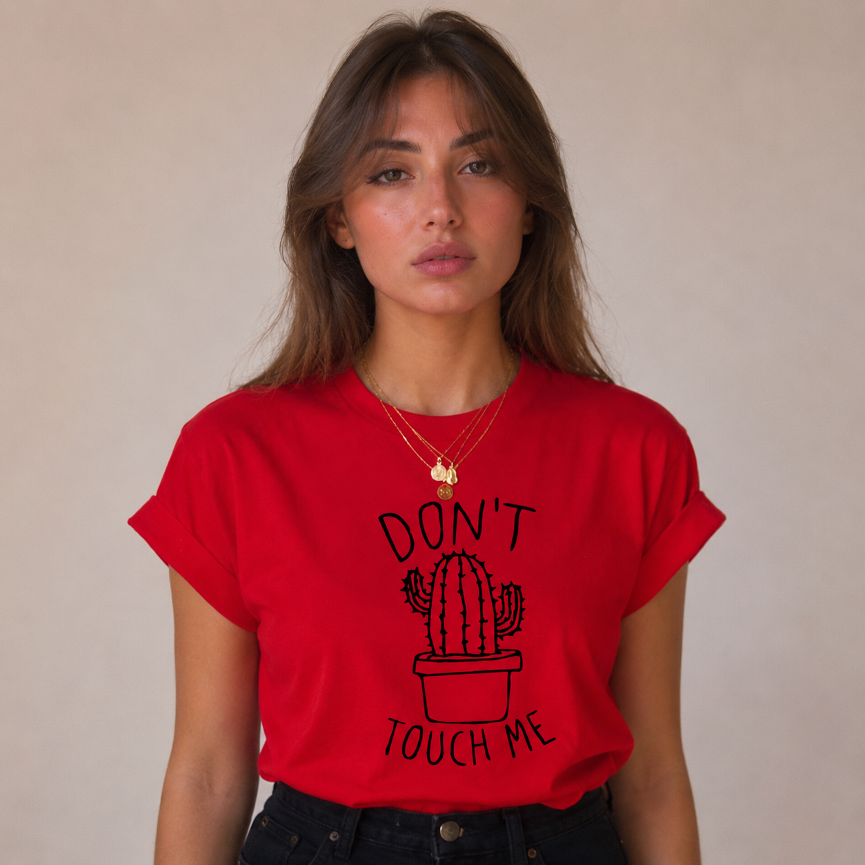 Don't Touch Me Cactus T-Shirt for Women | Funny Graphic Cotton Tee | Red Casual T-Shirt | Pd Clori