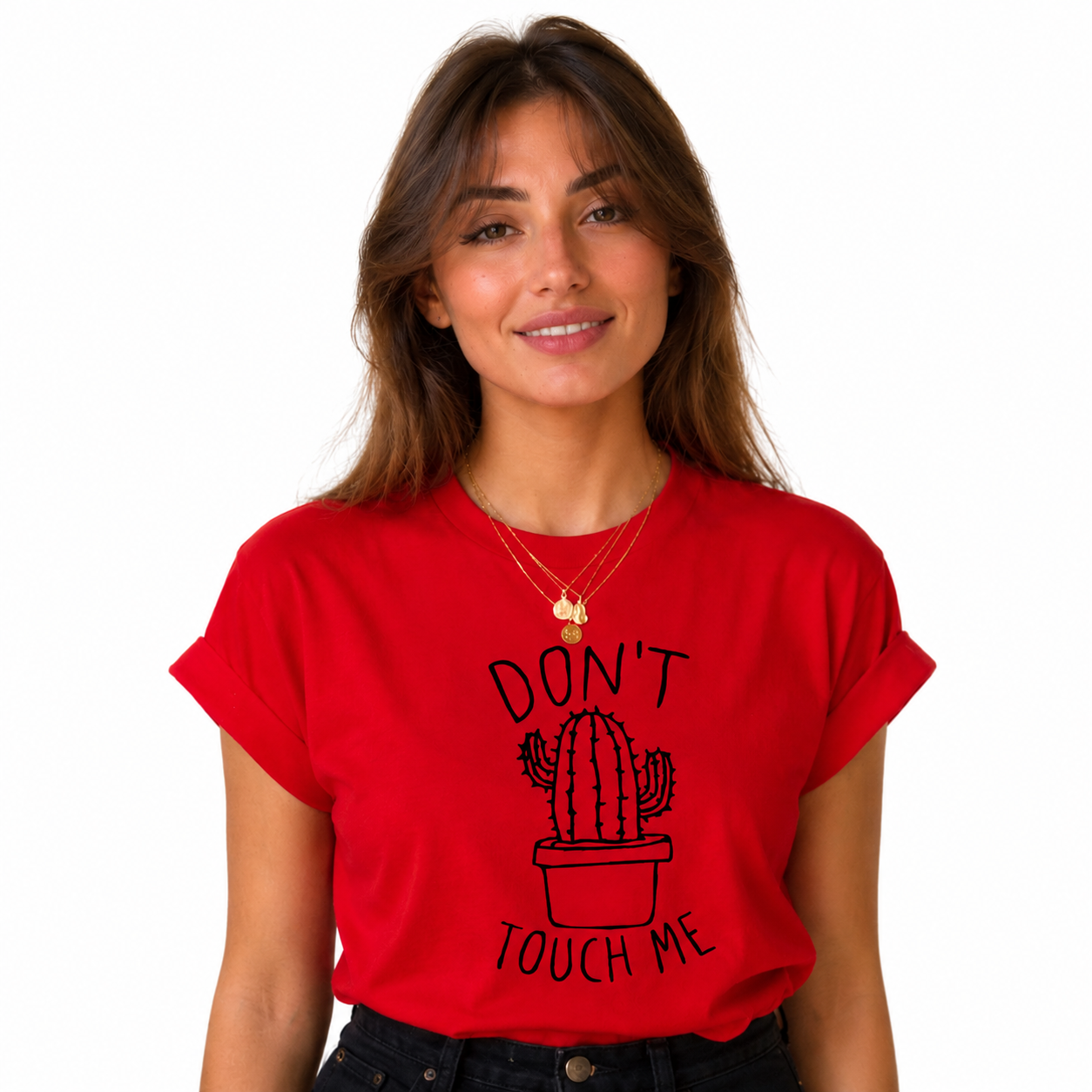 Don't Touch Me Cactus T-Shirt for Women | Funny Graphic Cotton Tee | Red Casual T-Shirt | Pd Clori