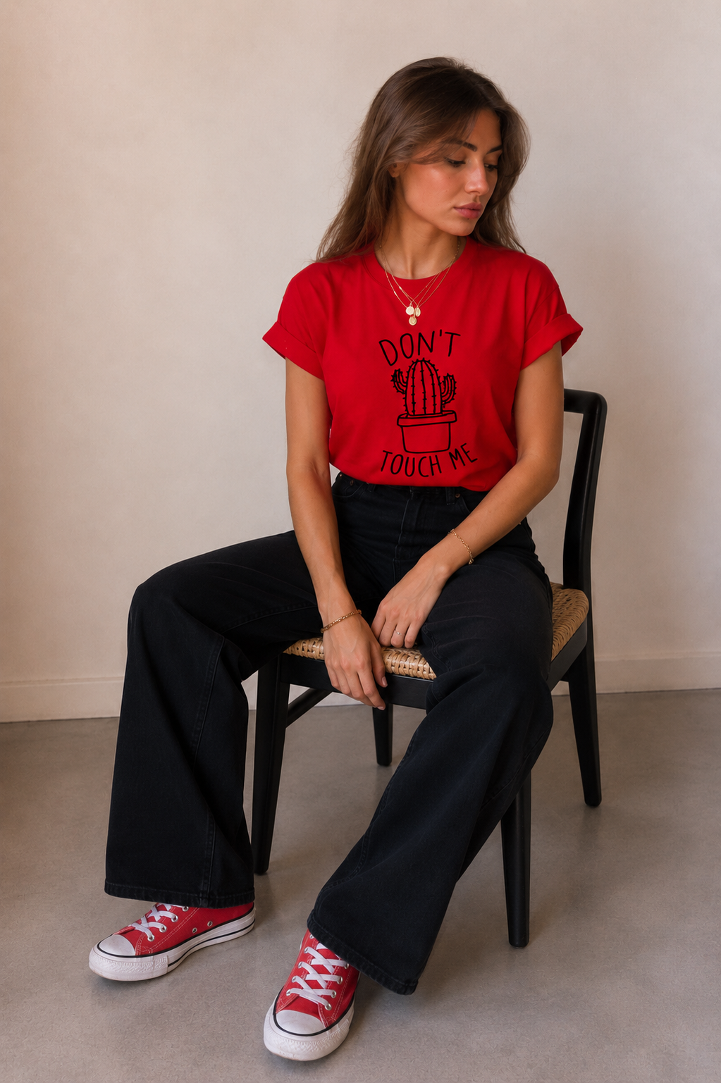 Don't Touch Me Cactus T-Shirt for Women | Funny Graphic Cotton Tee | Red Casual T-Shirt | Pd Clori