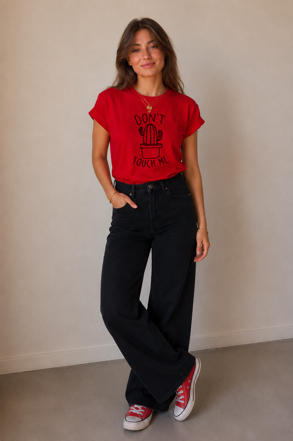 Don't Touch Me Cactus T-Shirt for Women | Funny Graphic Cotton Tee | Red Casual T-Shirt | Pd Clori