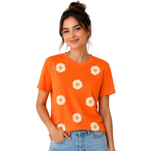 Women's Orange Daisy Flower Printed Oversized Cotton T-Shirt | Casual Graphic Tee