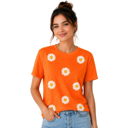 Women's Orange Daisy Flower Printed Oversized Cotton T-Shirt | Casual Graphic Tee