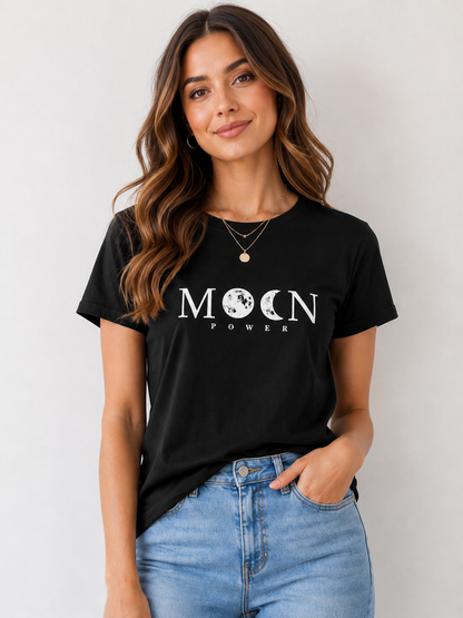 Women's Black Moon Power Graphic T-Shirt | Premium Cotton Round Neck Casual Tee