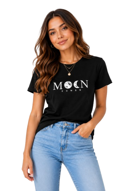 Women's Black Moon Power Graphic T-Shirt | Premium Cotton Round Neck Casual Tee