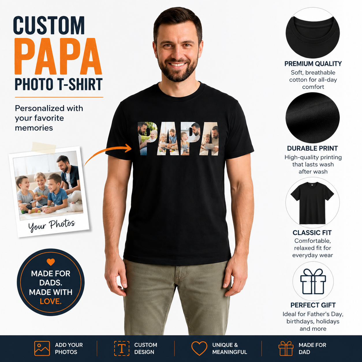 Personalized PAPA Photo T-Shirt – Black | Custom Family Photo Printed T-Shirt for Dad