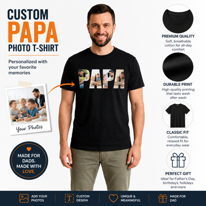 Personalized PAPA Photo T-Shirt – Black | Custom Family Photo Printed T-Shirt for Dad