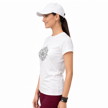 Pd Clori Lotus Mandala T-Shirt | Minimal Spiritual Graphic Tee | Premium White Cotton T-Shirt for Women