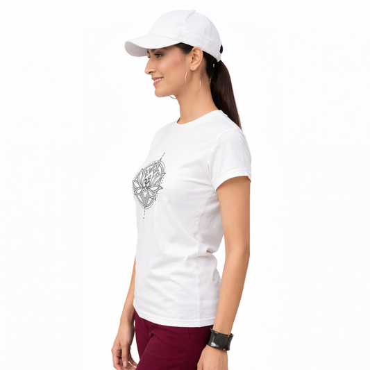Pd Clori Lotus Mandala T-Shirt | Minimal Spiritual Graphic Tee | Premium White Cotton T-Shirt for Women
