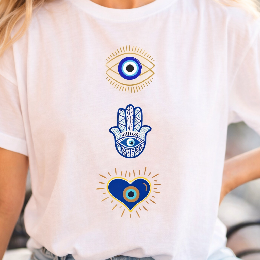 Pd Clori Evil Eye Protection T-Shirt | Minimal Spiritual Graphic Tee for Women | White Cotton