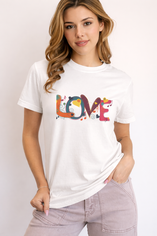 Pd Clori Artistic LOVE T-Shirt | Colorful Typography Graphic Tee for Women | Premium White Cotton