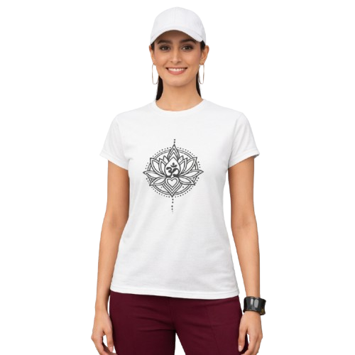 Pd Clori Lotus Mandala T-Shirt | Minimal Spiritual Graphic Tee | Premium White Cotton T-Shirt for Women