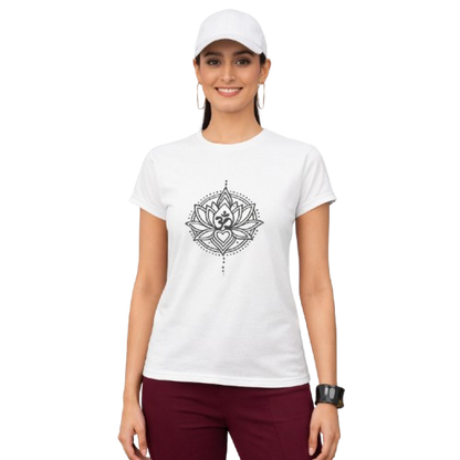 Pd Clori Lotus Mandala T-Shirt | Minimal Spiritual Graphic Tee | Premium White Cotton T-Shirt for Women