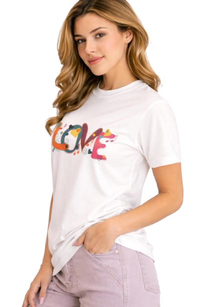 Pd Clori Artistic LOVE T-Shirt | Colorful Typography Graphic Tee for Women | Premium White Cotton