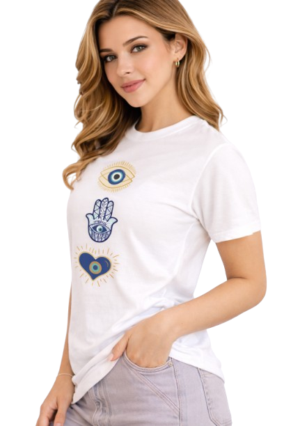 Pd Clori Evil Eye Protection T-Shirt | Minimal Spiritual Graphic Tee for Women | White Cotton