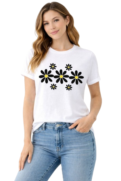 Pd Clori Minimal Daisy Floral T-Shirt | Aesthetic Flower Graphic Tee for Women | White Cotton