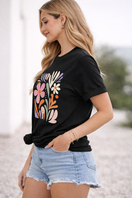 Pd Clori Abstract Floral Art T-Shirt | Colorful Aesthetic Graphic Tee | Premium Black Cotton T-Shirt