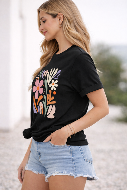 Pd Clori Abstract Floral Art T-Shirt | Colorful Aesthetic Graphic Tee | Premium Black Cotton T-Shirt