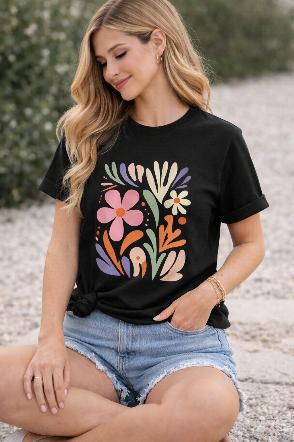 Pd Clori Abstract Floral Art T-Shirt | Colorful Aesthetic Graphic Tee | Premium Black Cotton T-Shirt