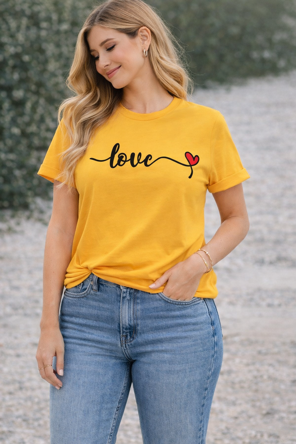 Pd Clori Love Script T-Shirt | Minimal Heart Graphic Tee | Aesthetic Yellow Cotton T-Shirt