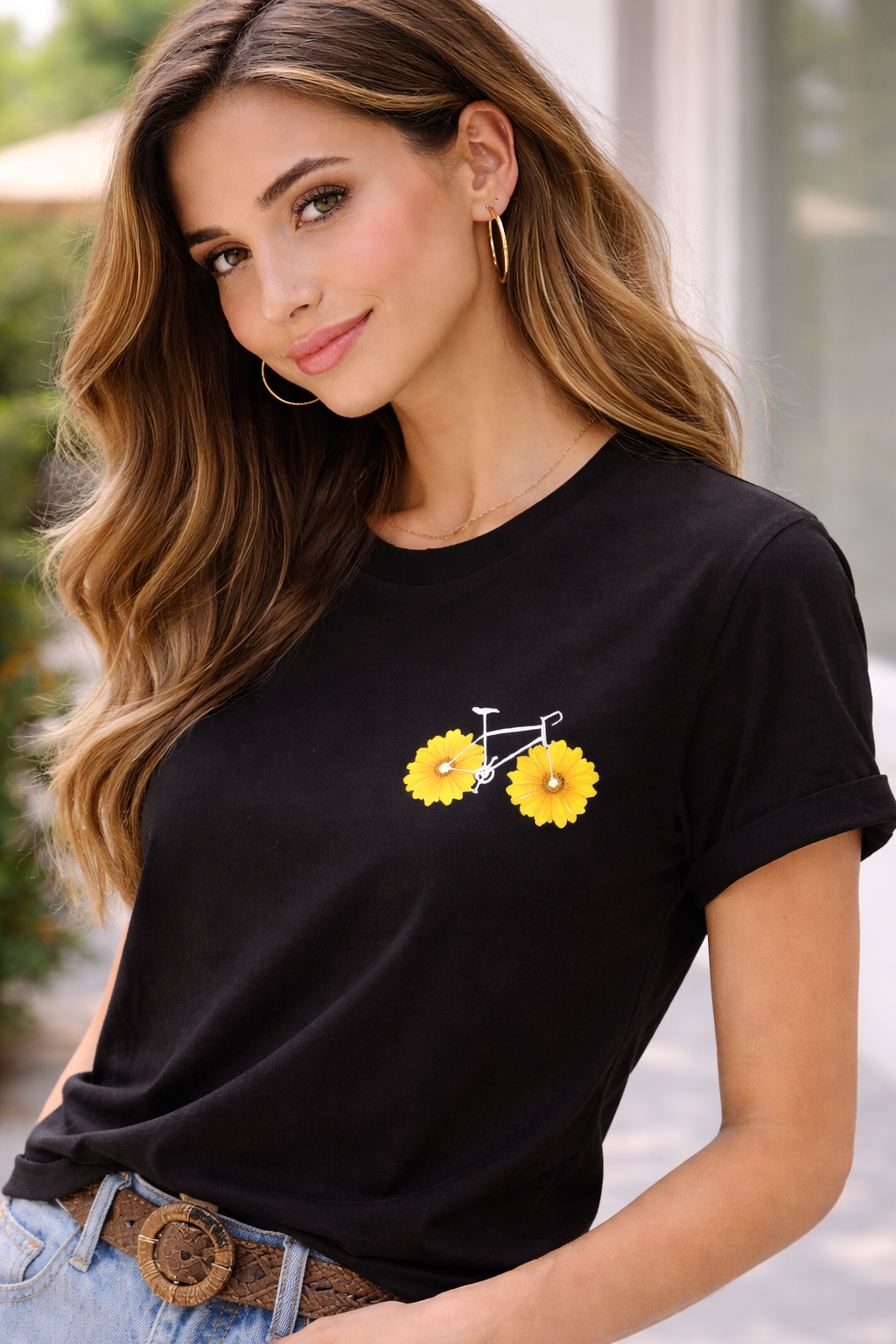 Pd Clori Floral Bicycle T-Shirt | Minimal Cute Chest Print Tee | Aesthetic Black Cotton T-Shirt