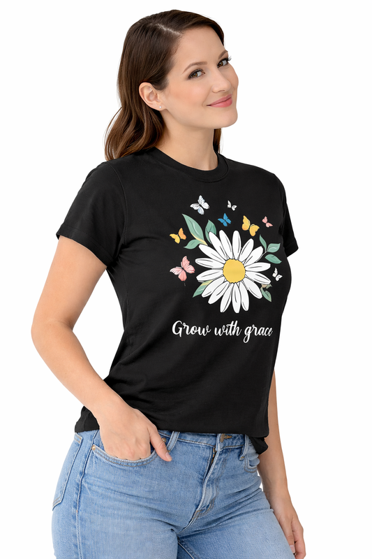 Pd Clori Grow with Grace T-Shirt | Daisy Floral Graphic Tee | Aesthetic Black Cotton T-Shirt