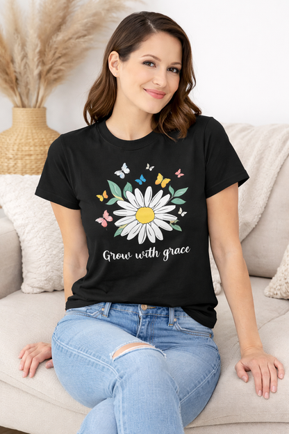 Pd Clori Grow with Grace T-Shirt | Daisy Floral Graphic Tee | Aesthetic Black Cotton T-Shirt