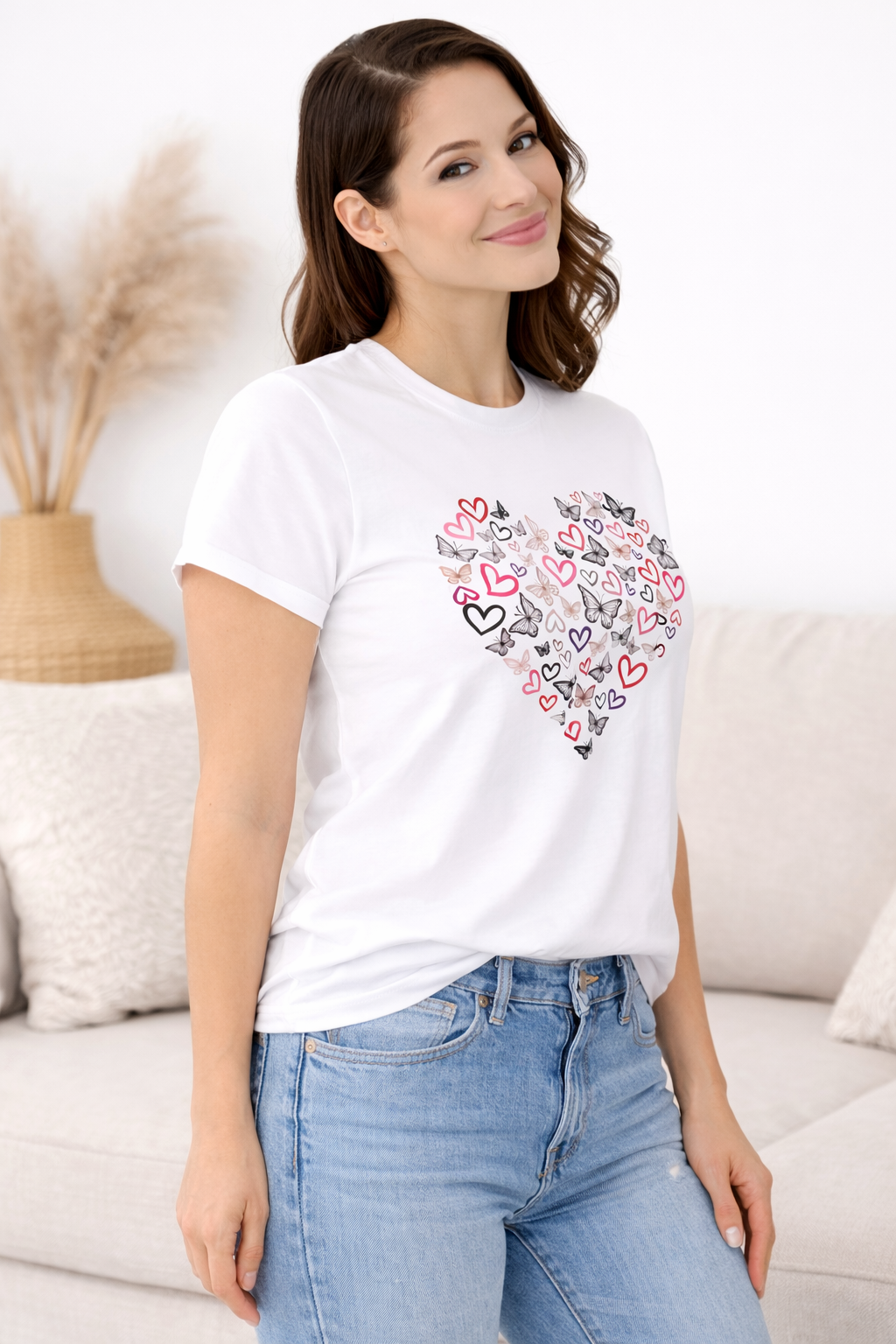 Pd Clori Heart Collage T-Shirt | Cute Love Graphic Tee | Aesthetic White Cotton T-Shirt for Women