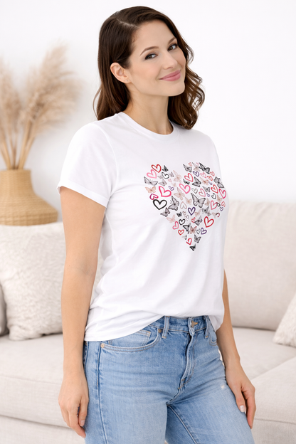 Pd Clori Heart Collage T-Shirt | Cute Love Graphic Tee | Aesthetic White Cotton T-Shirt for Women