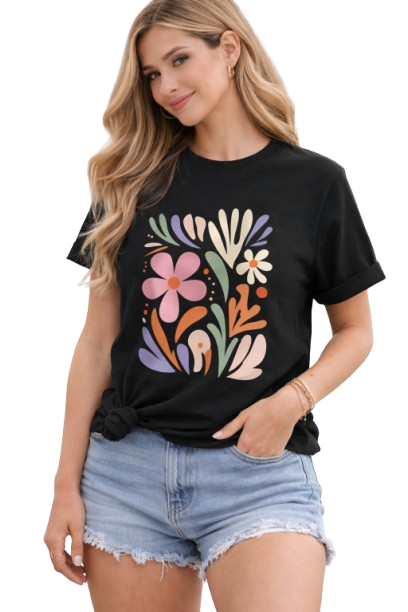 Pd Clori Abstract Floral Art T-Shirt | Colorful Aesthetic Graphic Tee | Premium Black Cotton T-Shirt