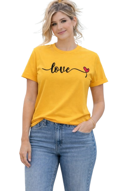 Pd Clori Love Script T-Shirt | Minimal Heart Graphic Tee | Aesthetic Yellow Cotton T-Shirt