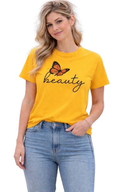 Pd Clori Beauty Butterfly T-Shirt | Minimal Script Graphic Tee | Aesthetic Yellow Cotton T-Shirt