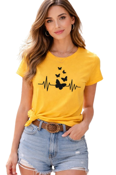 Pd Clori Butterfly Heartbeat T-Shirt | Aesthetic Life Line Graphic Tee | Premium Yellow Cotton T-Shirt