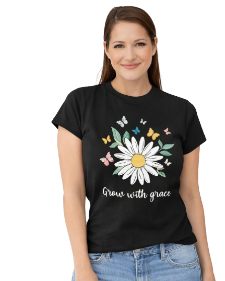 Pd Clori Grow with Grace T-Shirt | Daisy Floral Graphic Tee | Aesthetic Black Cotton T-Shirt