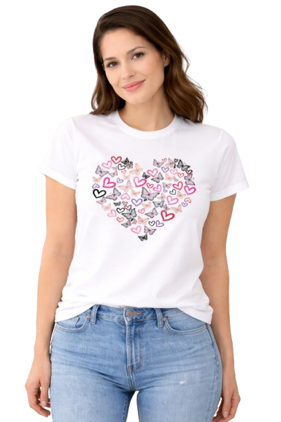 Pd Clori Heart Collage T-Shirt | Cute Love Graphic Tee | Aesthetic White Cotton T-Shirt for Women