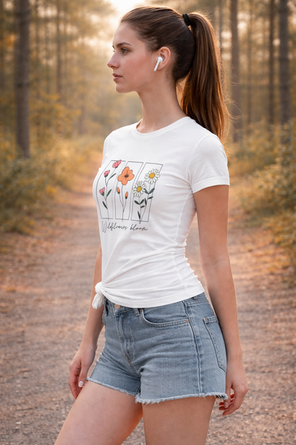 Pd Clori Wildflower Bloom T-Shirt | Minimal Floral Aesthetic Tee | Premium White Cotton T-Shirt