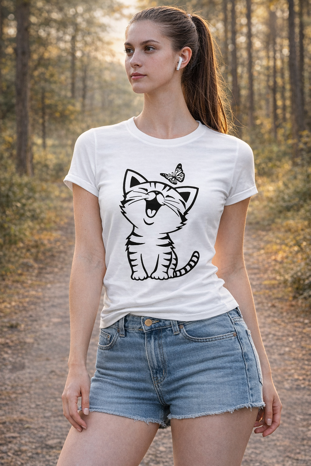 Pd Clori Cute Cat & Butterfly T-Shirt | Minimal Cartoon Graphic Tee | Premium White Cotton T-Shirt