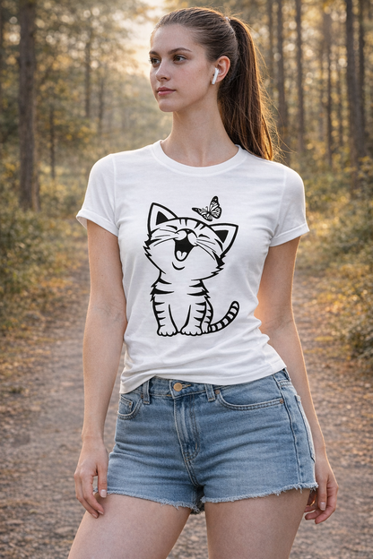 Pd Clori Cute Cat & Butterfly T-Shirt | Minimal Cartoon Graphic Tee | Premium White Cotton T-Shirt
