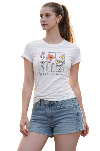 Pd Clori Wildflower Bloom T-Shirt | Minimal Floral Aesthetic Tee | Premium White Cotton T-Shirt