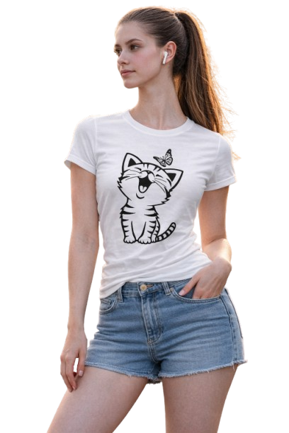 Pd Clori Cute Cat & Butterfly T-Shirt | Minimal Cartoon Graphic Tee | Premium White Cotton T-Shirt