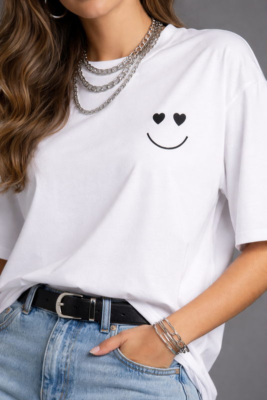 Minimal Smile Graphic White T-Shirt for Women | Cute Heart Eyes Design | Everyday Casual Tee
