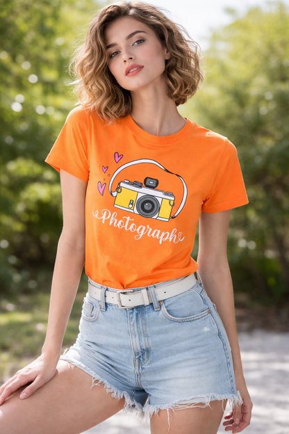 Pd Clori Photographer Graphic T-Shirt | Creative Camera Print Orange Tee for Women