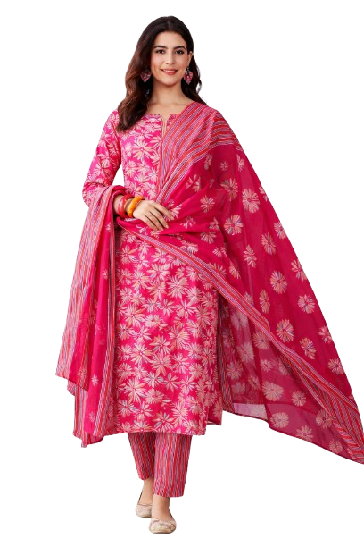 Women’s Pink Floral Printed Kurta Pant Set with Dupatta – Stylish Ethnic Suit