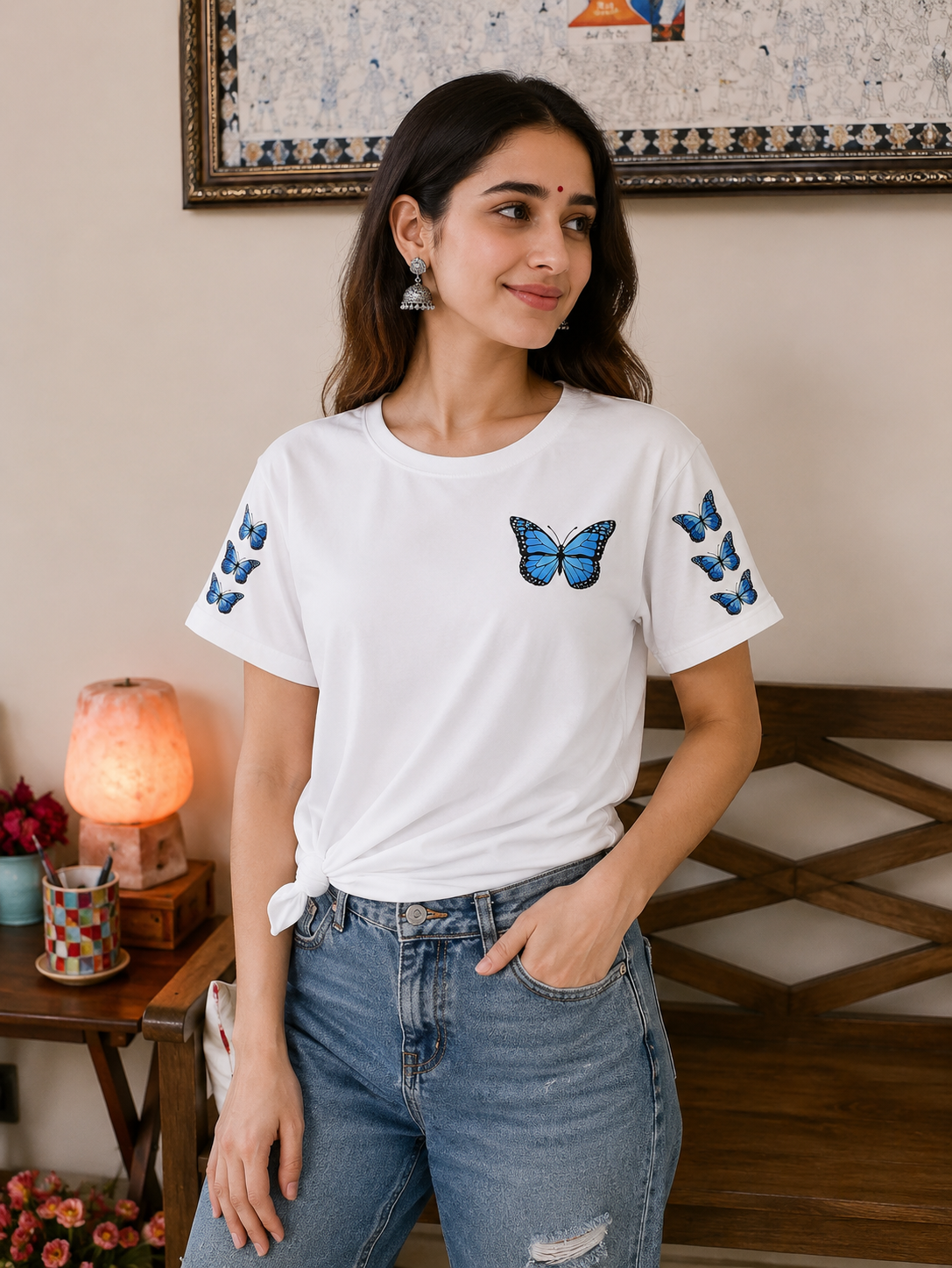 Blue Butterfly Printed White T-Shirt for Women | Soft Casual Tee by Pd Clori