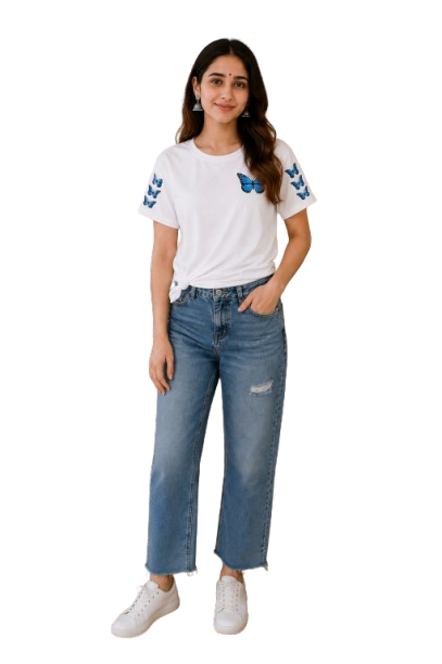 Blue Butterfly Printed White T-Shirt for Women | Soft Casual Tee by Pd Clori