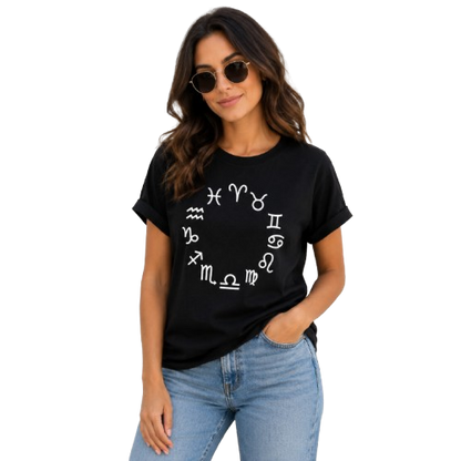 Black Zodiac Sign Printed T-Shirt for Women | Aesthetic Astrology Graphic Tee by Pd Clori