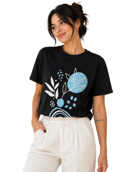 Abstract Blue Leaf Graphic Black T-Shirt for Women | Aesthetic Casual Outfit
