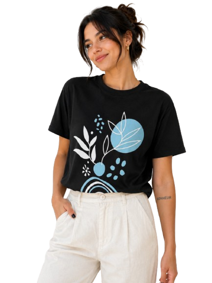 Abstract Blue Leaf Graphic Black T-Shirt for Women | Aesthetic Casual Outfit