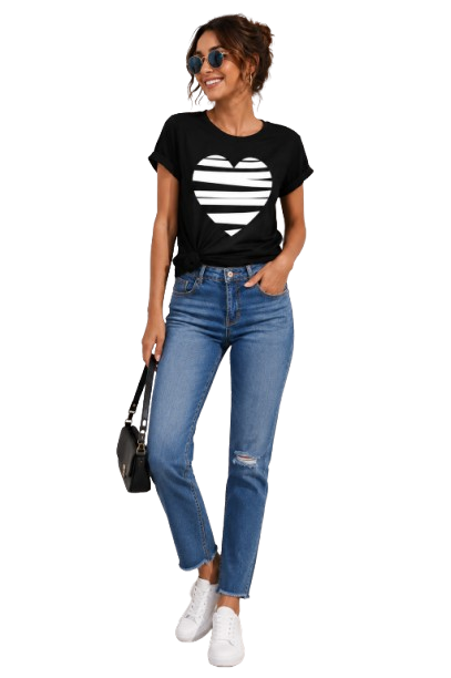 Black Heart Graphic T-Shirt for Women | Minimal Striped Heart Casual Tee by Pd Clori