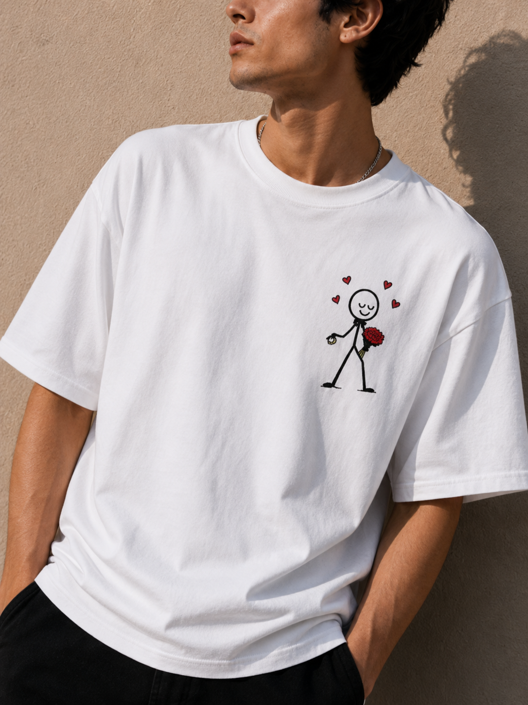Minimalist Stick Figure Love T-Shirt for Men | Cute Heart Graphic Oversized Casual Tee