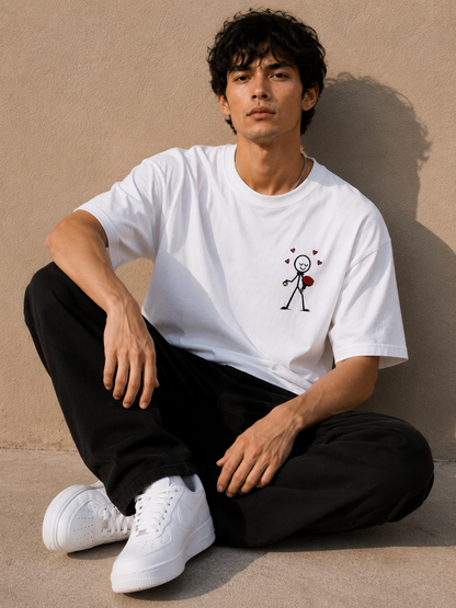 Minimalist Stick Figure Love T-Shirt for Men | Cute Heart Graphic Oversized Casual Tee